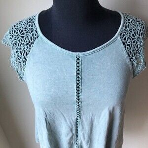 JJ BOUTIQUE Blouse Lace Eyelet Shirt Blue Green Bohemian Keyhole Tie Neck Top